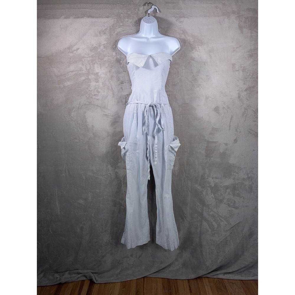 Farm Rio Strapless Jumpsuit Womens Size G White Pinstripe Wide Leg Resort